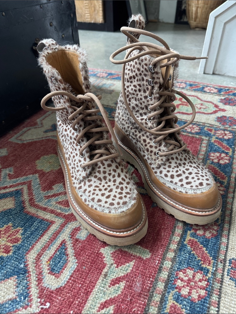 Ulla Johnson Leopard-Print Lace-Up Ankle Boots in Cream & Tan